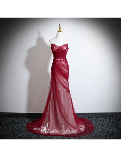 Burgundy Sheath Long Prom Dresses Chic Tulle Sleeveless Evening Dresses Sweetheart Birthday Dresses DP04324