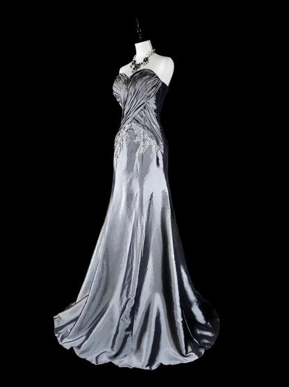 Silver Sheath Long Prom Dresses Chic Satin Sleeveless Evening Dresses  Strapless Birthday Dresses DP04325