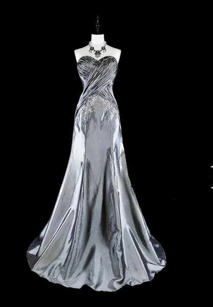 Silver Sheath Long Prom Dresses Chic Satin Sleeveless Evening Dresses  Strapless Birthday Dresses DP04325