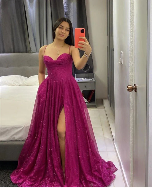 Fuchsia A-line Long Prom Dresses Sexy Tulle Sleeveless Evening Dresses  Spaghetti Straps Party Dresses DP04327
