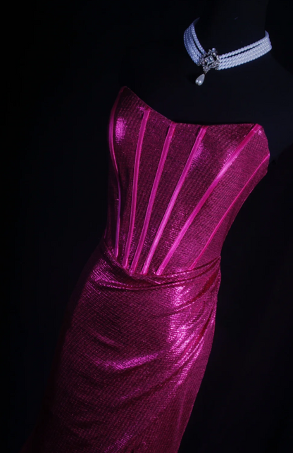 Fuchsia Sheath Long Prom Dresses Sexy Satin Sleeveless Evening Dresses  Strapless Party Dresses DP04328