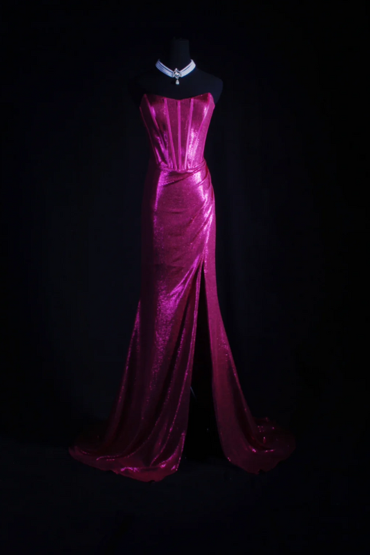 Fuchsia Sheath Long Prom Dresses Sexy Satin Sleeveless Evening Dresses  Strapless Party Dresses DP04328