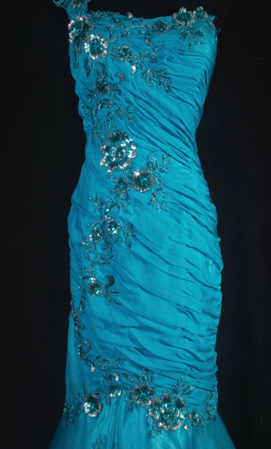 Turquoise Mermaid Long Prom Dresses Glam Tulle Appliques Sleeveless Evening Dresses  One-shoulder Party Dresses DP04329