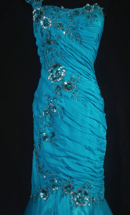 Turquoise Mermaid Long Prom Dresses Glam Tulle Appliques Sleeveless Evening Dresses  One-shoulder Party Dresses DP04329