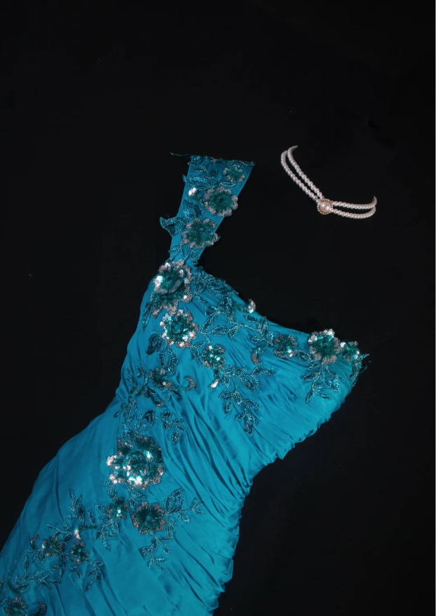 Turquoise Mermaid Long Prom Dresses Glam Tulle Appliques Sleeveless Evening Dresses  One-shoulder Party Dresses DP04329