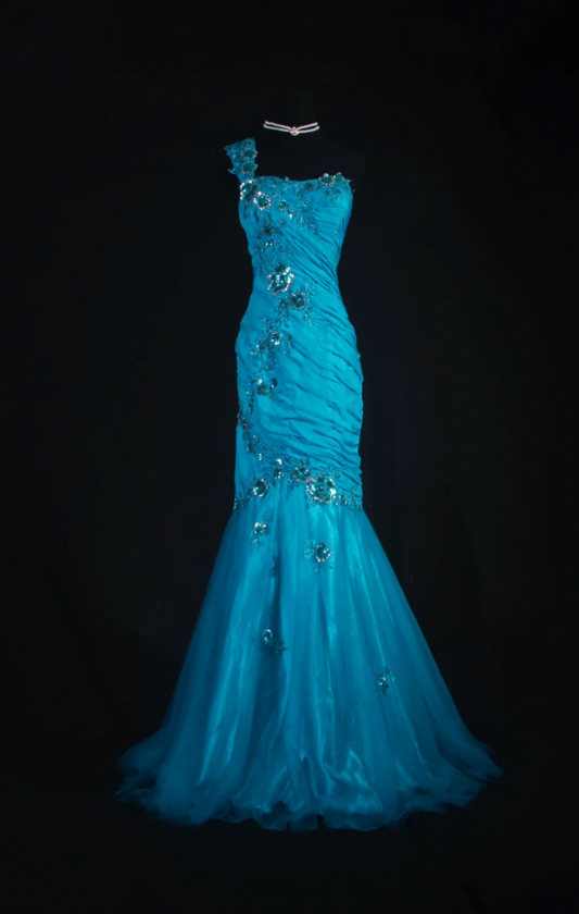 Turquoise Mermaid Long Prom Dresses Glam Tulle Appliques Sleeveless Evening Dresses  One-shoulder Party Dresses DP04329