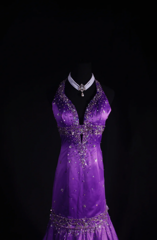 Purple Mermaid Long Prom Dresses Glam Beaded Satin Sleeveless Evening Dresses Halter Party Dresses DP04330