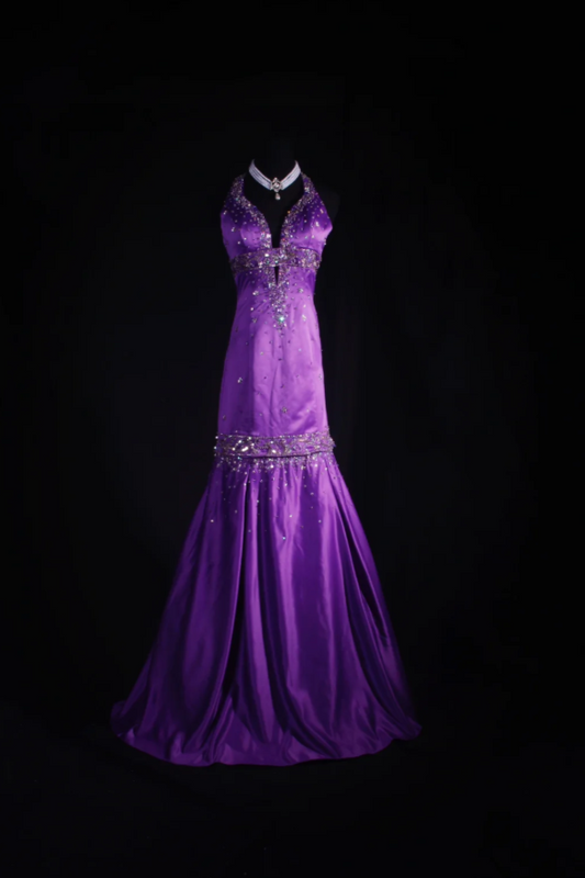 Purple Mermaid Long Prom Dresses Glam Beaded Satin Sleeveless Evening Dresses Halter Party Dresses DP04330