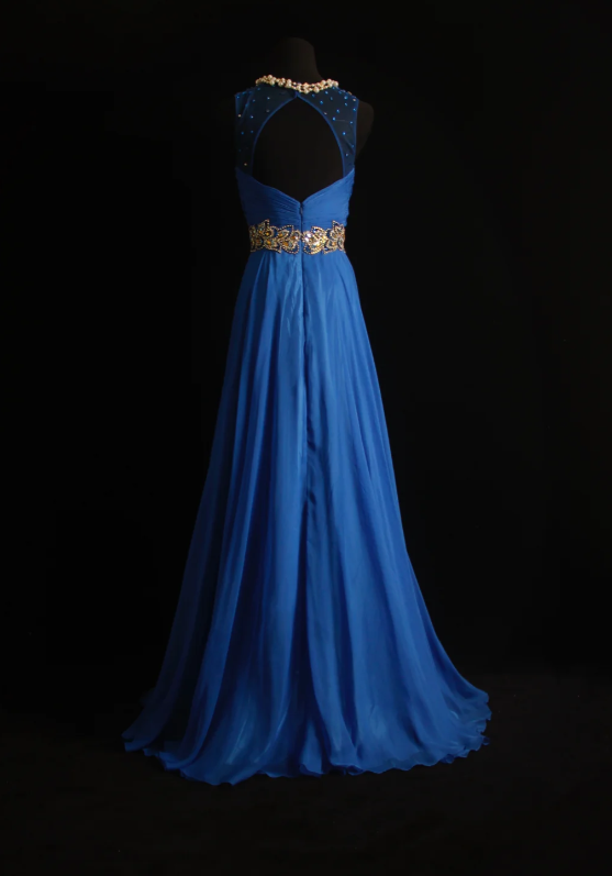 Blue A-Line Long Prom Dresses Glam Beaded Chiffon Sleeveless Evening Dresses Blue Mother of Bride Dresses DP04331