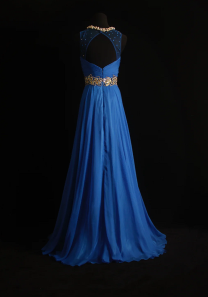 Blue A-Line Long Prom Dresses Glam Beaded Chiffon Sleeveless Evening Dresses Blue Mother of Bride Dresses DP04331