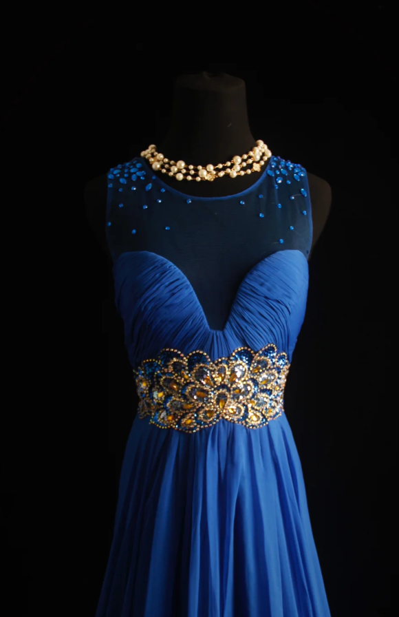 Blue A-Line Long Prom Dresses Glam Beaded Chiffon Sleeveless Evening Dresses Blue Mother of Bride Dresses DP04331