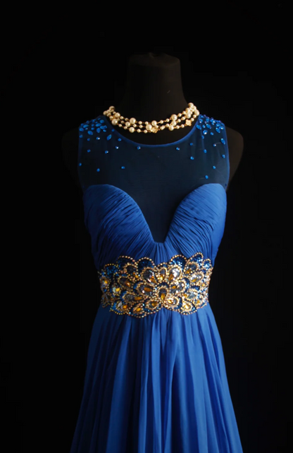 Blue A-Line Long Prom Dresses Glam Beaded Chiffon Sleeveless Evening Dresses Blue Mother of Bride Dresses DP04331