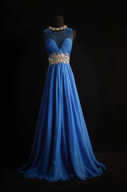 Blue A-Line Long Prom Dresses Glam Beaded Chiffon Sleeveless Evening Dresses Blue Mother of Bride Dresses DP04331