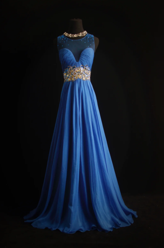 Blue A-Line Long Prom Dresses Glam Beaded Chiffon Sleeveless Evening Dresses Blue Mother of Bride Dresses DP04331