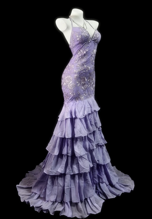 Lilac Mermaid Long Prom Dresses Glam Appliques Chiffon Evening Dresses Sleeveless Party Dresses DP04340