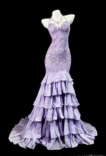 Lilac Mermaid Long Prom Dresses Glam Appliques Chiffon Evening Dresses Sleeveless Party Dresses DP04340