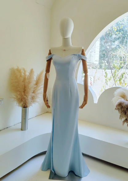 Glam Blue Sheath Long Prom Dresses Satin Off-shoulder Evening Dresses Sleeveless Party Dresses DP04344