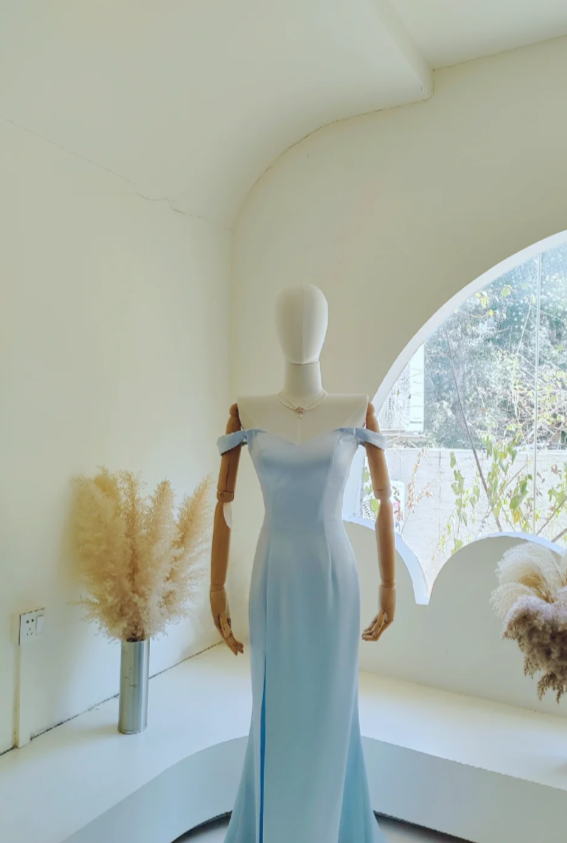 Glam Blue Sheath Long Prom Dresses Satin Off-shoulder Evening Dresses Sleeveless Party Dresses DP04344