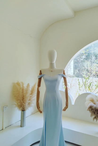 Glam Blue Sheath Long Prom Dresses Satin Off-shoulder Evening Dresses Sleeveless Party Dresses DP04344