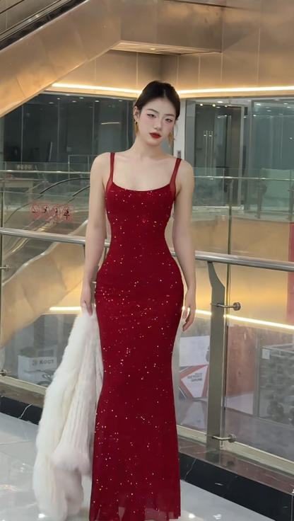 Sexy Burgundy Sheath Long Prom Dresses Glitter Tulle Spaghetti Straps Evening Dresses Sleeveless Party Dresses DP04346