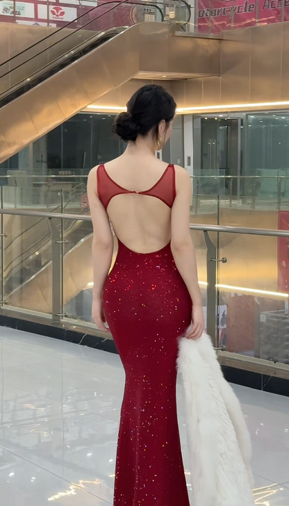 Sexy Burgundy Sheath Long Prom Dresses Glitter Tulle Spaghetti Straps Evening Dresses Sleeveless Party Dresses DP04346