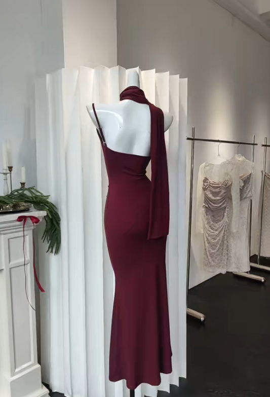 Sexy Burgundy Sheath Long Prom Dresses Spaghetti Straps Evening Dresses Sleeveless Party Dresses DP04347