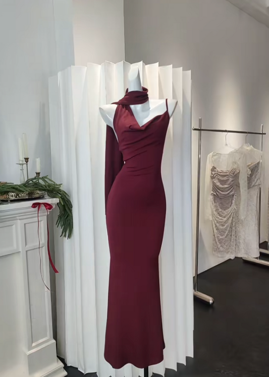 Sexy Burgundy Sheath Long Prom Dresses Spaghetti Straps Evening Dresses Sleeveless Party Dresses DP04347