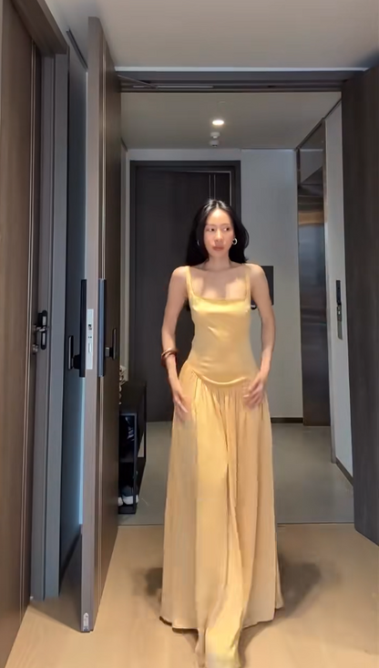 Sexy Yellow A-Line Long Prom Dresses Satin Spaghetti Straps Evening Dresses Backless Party Dresses DP04348