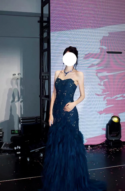 Chic Navy Blue Mermaid Long Prom Dresses Tulle Sleeveless Evening Dresses Sweetheart Party Dresses DP04349