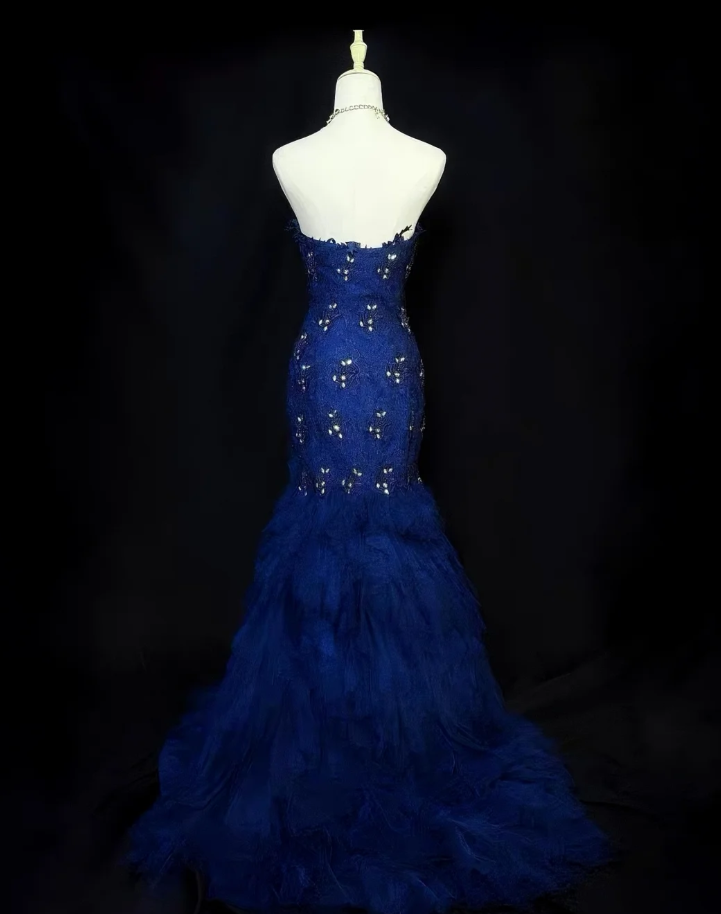 Chic Navy Blue Mermaid Long Prom Dresses Tulle Sleeveless Evening Dresses Sweetheart Party Dresses DP04349