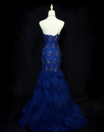 Chic Navy Blue Mermaid Long Prom Dresses Tulle Sleeveless Evening Dresses Sweetheart Party Dresses DP04349