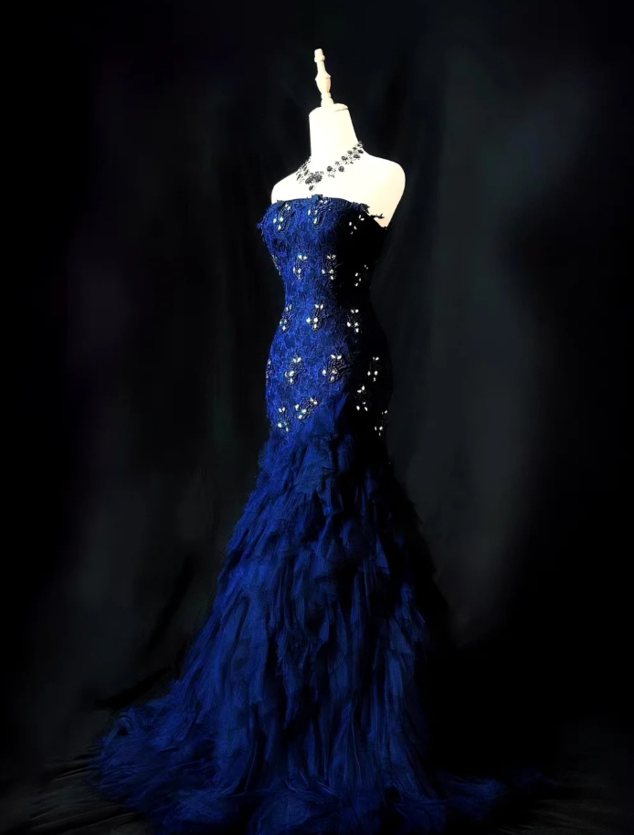 Chic Navy Blue Mermaid Long Prom Dresses Tulle Sleeveless Evening Dresses Sweetheart Party Dresses DP04349