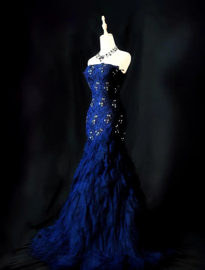 Chic Navy Blue Mermaid Long Prom Dresses Tulle Sleeveless Evening Dresses Sweetheart Party Dresses DP04349