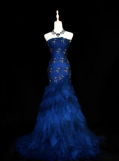 Chic Navy Blue Mermaid Long Prom Dresses Tulle Sleeveless Evening Dresses Sweetheart Party Dresses DP04349