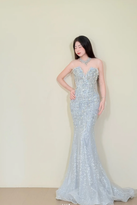 Elegant Gray Mermaid Long Prom Dresses Tulle Beaded Sleeveless Evening Dresses  DP04352