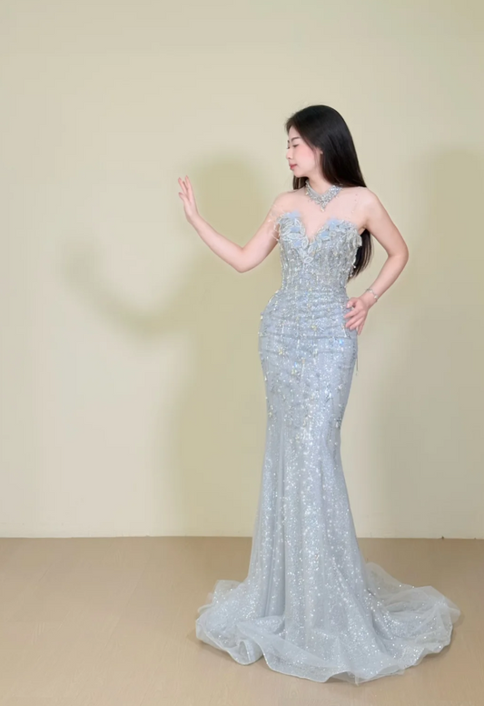 Elegant Gray Mermaid Long Prom Dresses Tulle Beaded Sleeveless Evening Dresses  DP04352