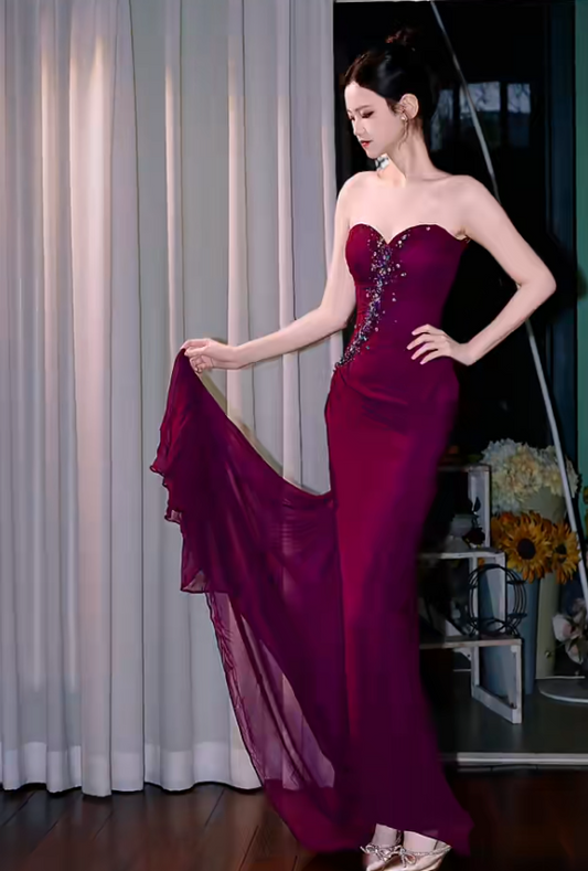 Elegant Grape Sheath Long Prom Dresses Chiffon Sleeveless Evening Dresses  DP04355