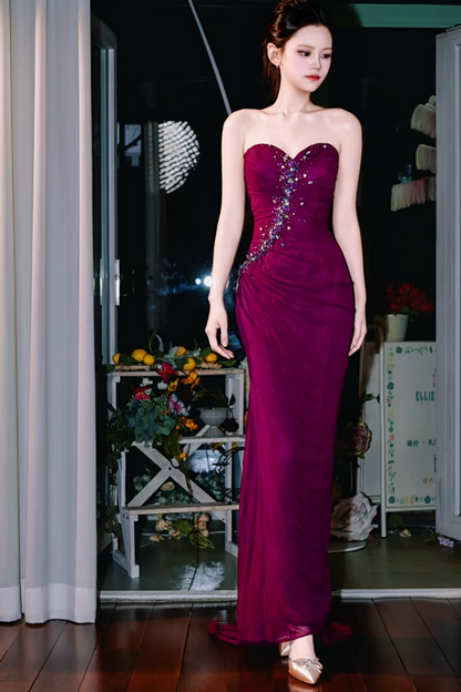 Elegant Grape Sheath Long Prom Dresses Chiffon Sleeveless Evening Dresses  DP04355