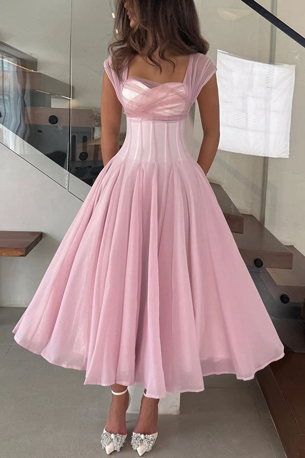 Sweet Pink A-Line Long Prom Dresses Tulle Straps Ankle Length Evening Dresses Pink Birthday Dresses DP04358