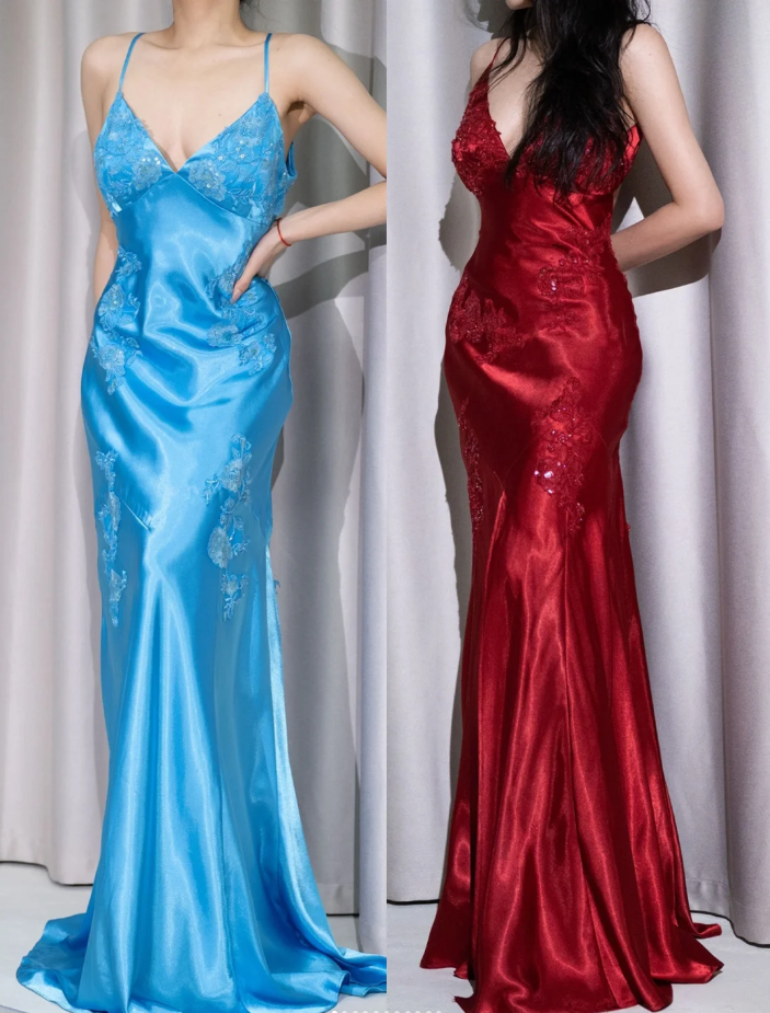 Chic Sheath Long Prom Dresses Satin Straps Evening Dresses  DP04359