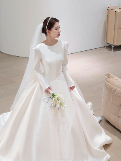 Elegant Jewel A-Line Long Wedding Dresses Satin White Bridal Gown Long Sleeves Bridal Gowns DP04364