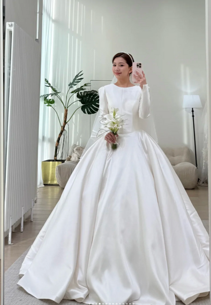 Elegant Jewel A-Line Long Wedding Dresses Satin White Bridal Gown Long Sleeves Bridal Gowns DP04364