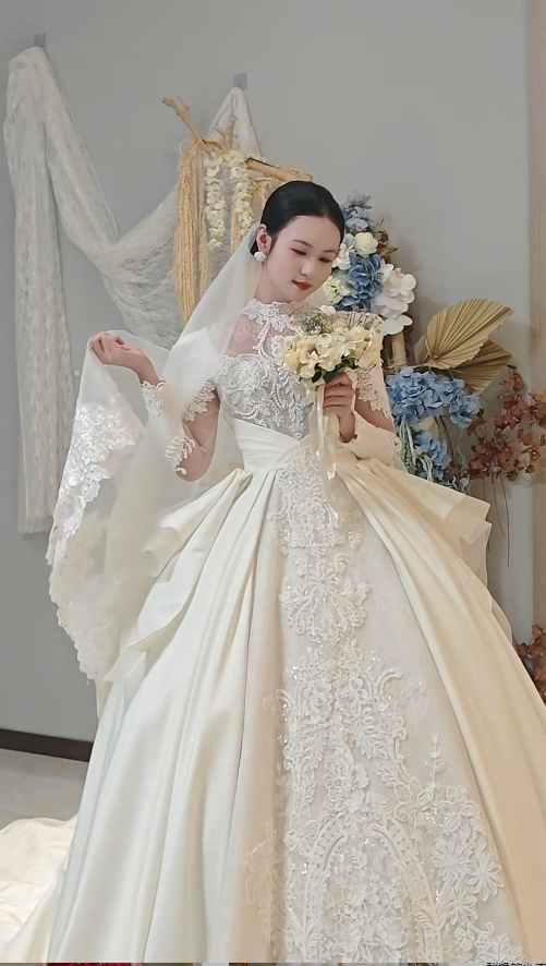 Glam High Neck A-Line Long Wedding Dresses Satin Appliques White Bridal Gown Long Sleeves Bridal Gowns DP04366