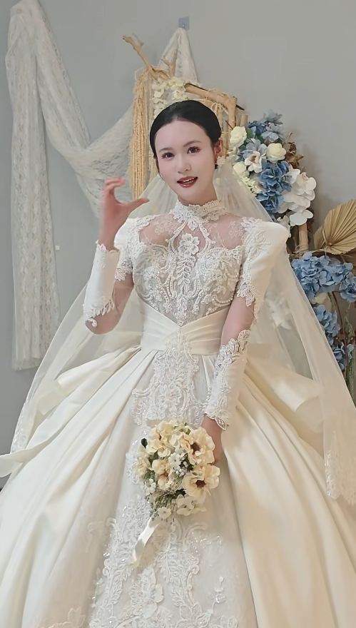 Glam High Neck A-Line Long Wedding Dresses Satin Appliques White Bridal Gown Long Sleeves Bridal Gowns DP04366