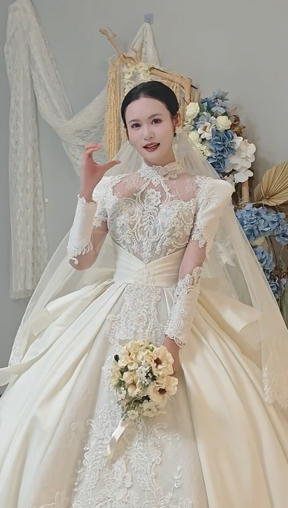 Glam High Neck A-Line Long Wedding Dresses Satin Appliques White Bridal Gown Long Sleeves Bridal Gowns DP04366