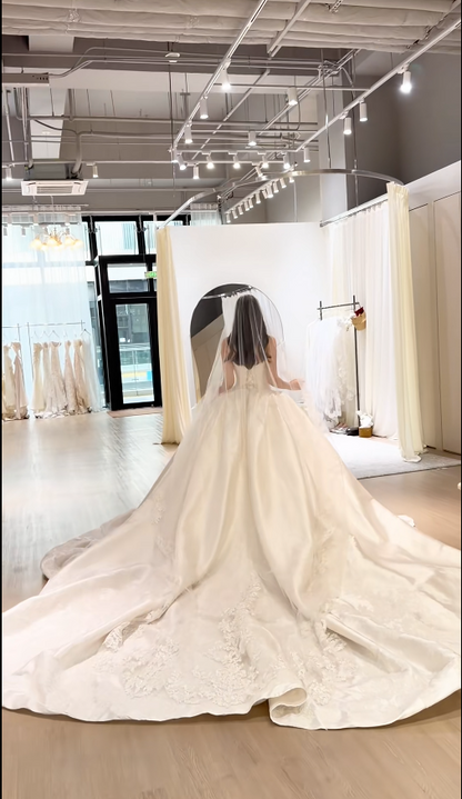 Glam Strapless Ball Gown Long Wedding Dresses Satin Appliques White Bridal Gown Sleeveless Bridal Gowns DP04367