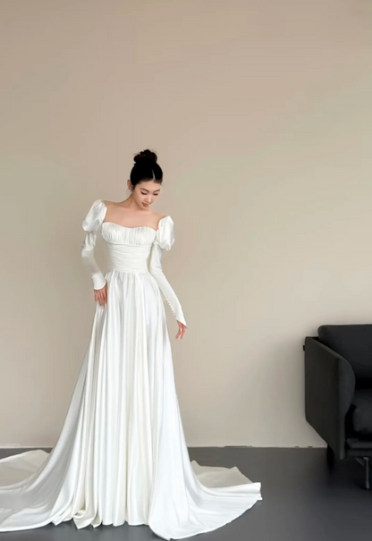 Simple Square A-Line Long Wedding Dresses Satin White Bridal Gown Long Sleeves Bridal Dresses DP04368