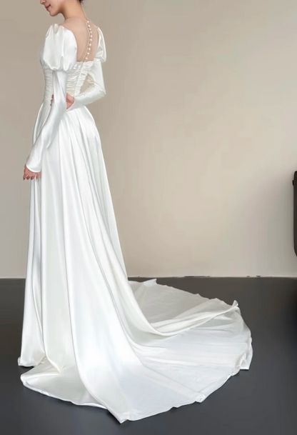 Simple Square A-Line Long Wedding Dresses Satin White Bridal Gown Long Sleeves Bridal Dresses DP04368