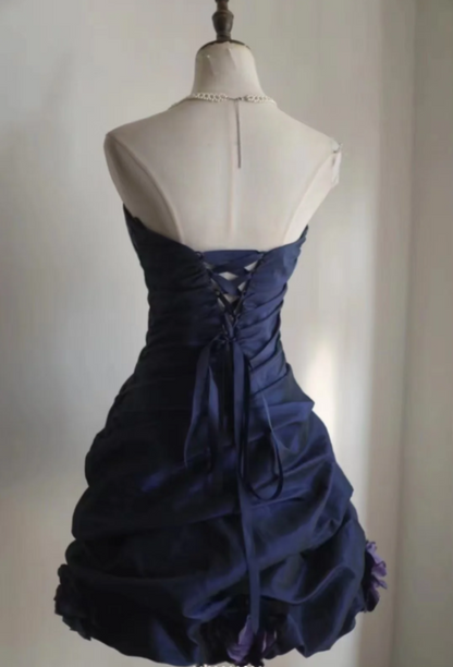 Gorgeous Sweetheart A-Line Short Prom Dresses  Satin Navy Blue Birthday Dresses Sleeveless Party Dresses DP04372