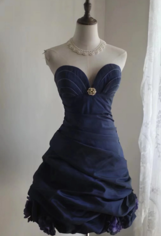 Gorgeous Sweetheart A-Line Short Prom Dresses  Satin Navy Blue Birthday Dresses Sleeveless Party Dresses DP04372